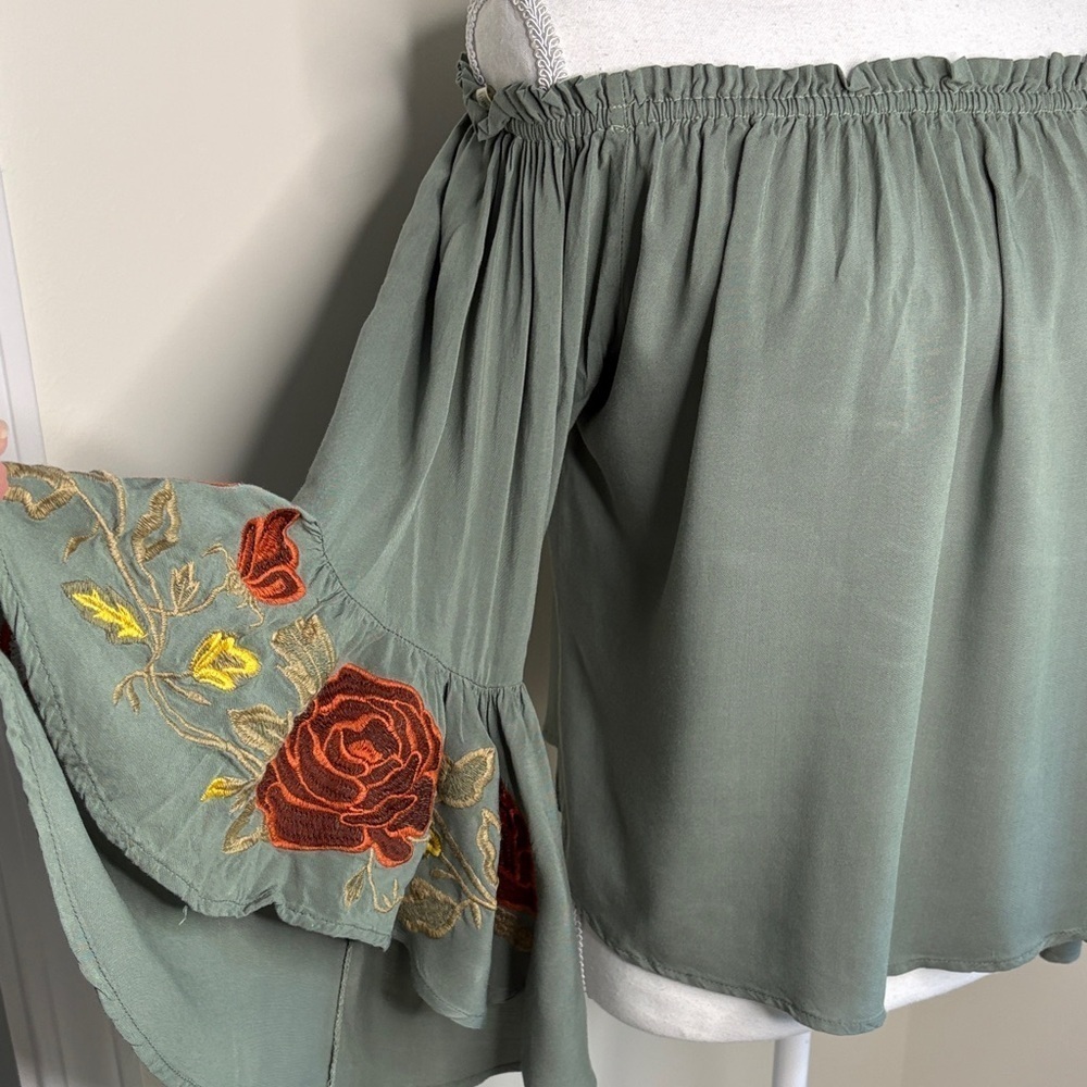 Iris Sage Green Smocked Top with Appliqué Embroidered Bell Sleeves. Rayon. Small
